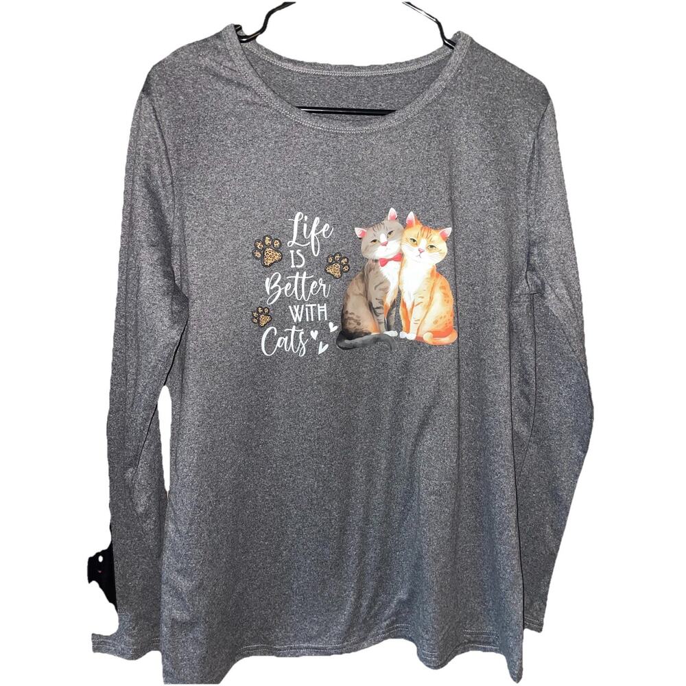 Women’s Long Sleeve Gray Kitty Cat Graphic Top Sz Large Soft Stretch